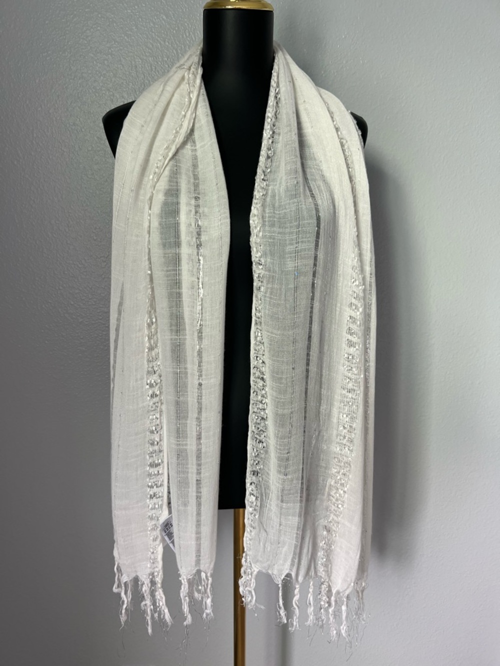 Forever 21 White Fringe Sequin and Silver Metallic Scarf